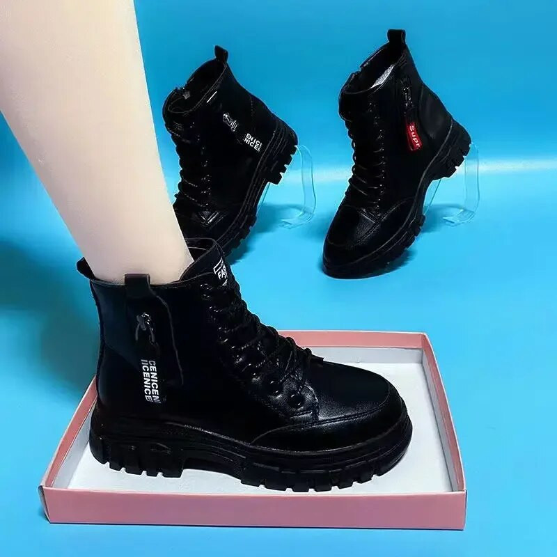 Γυναικείες μπότες Μαύρες με κορδόνι Πλατφόρμα Μποτάκια Αστραγάλου Μόδα Κοντές μπότες με χοντρή σόλα Γυναικεία ζεστά βαμβακερά παπούτσια Χειμερινές μπότες χιονιού