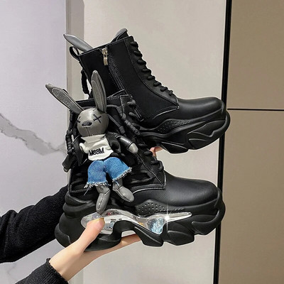 Γυναικείες μπότες με χοντρή σόλα με σφήνα τακούνι με κορδόνια διακοσμητικά γυναικεία παπούτσια μόδα Χειμερινές γυναικείες μπότες Βουλκανιζέ παπούτσια Μοντέρνες μπότες