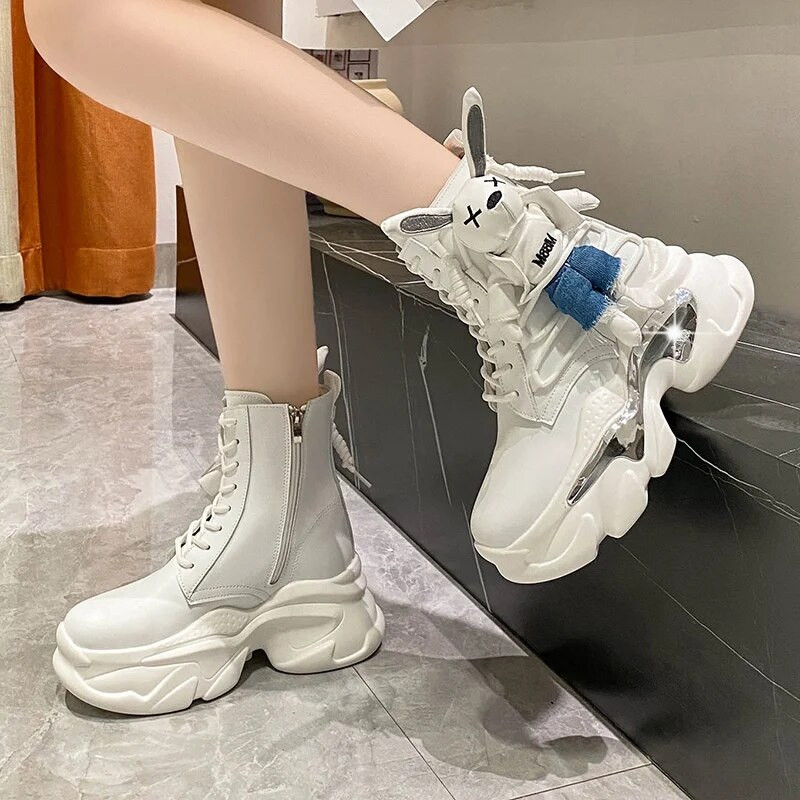 Γυναικείες μπότες με χοντρή σόλα με σφήνα τακούνι με κορδόνια διακοσμητικά γυναικεία παπούτσια μόδα Χειμερινές γυναικείες μπότες Βουλκανιζέ παπούτσια Μοντέρνες μπότες