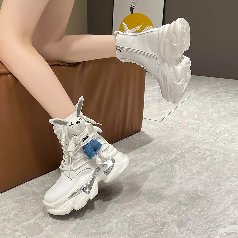 Γυναικείες μπότες με χοντρή σόλα με σφήνα τακούνι με κορδόνια διακοσμητικά γυναικεία παπούτσια μόδα Χειμερινές γυναικείες μπότες Βουλκανιζέ παπούτσια Μοντέρνες μπότες