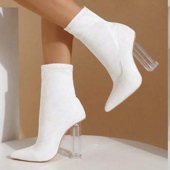 2022 г. Дамски ботуши с високи токчета от флок Дамски зимни блокови прозрачни токчета Чорап Къси ботуши Прозрачни абитуриентски обувки в цвят кайсия