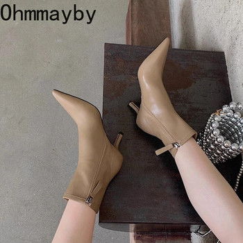 Боти до глезена с остри пръсти Дамски модни къси ботуши със странични ципове Дамски тънки тънки зимни обувки на висок ток Дамски къси плюшени обувки
