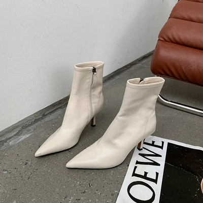 Moteriški batai su smailia nosimi Moteriški šoniniai užtrauktukai trumpi batai moteriški ploni ploni aukštakulniai žieminė moteriška trumpa pliušinė avalynė