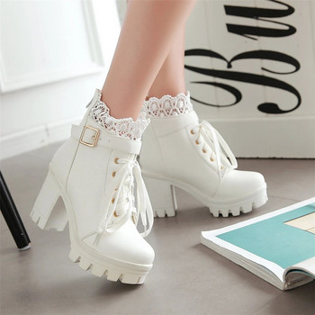 Χειμερινές Νέες ψηλοτάκουνες Πλατφόρμα Χονδρό Τακούνι Marton Μπότες Frenulum Αδιάβροχες Χονδρές Λευκές Γυναικείες Μπότες Zapatos De Mujer 33