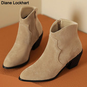 Sügistalvine vabaaja lääne kauboi poolsaapad Naiste Cowgirl papud Lühikesed kasakad Botas Flock terava varbaga kõrged kontsad kingad