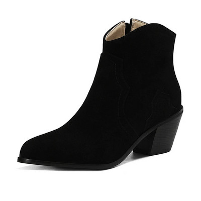 Sügistalvine vabaaja lääne kauboi poolsaapad Naiste Cowgirl papud Lühikesed kasakad Botas Flock terava varbaga kõrged kontsad kingad