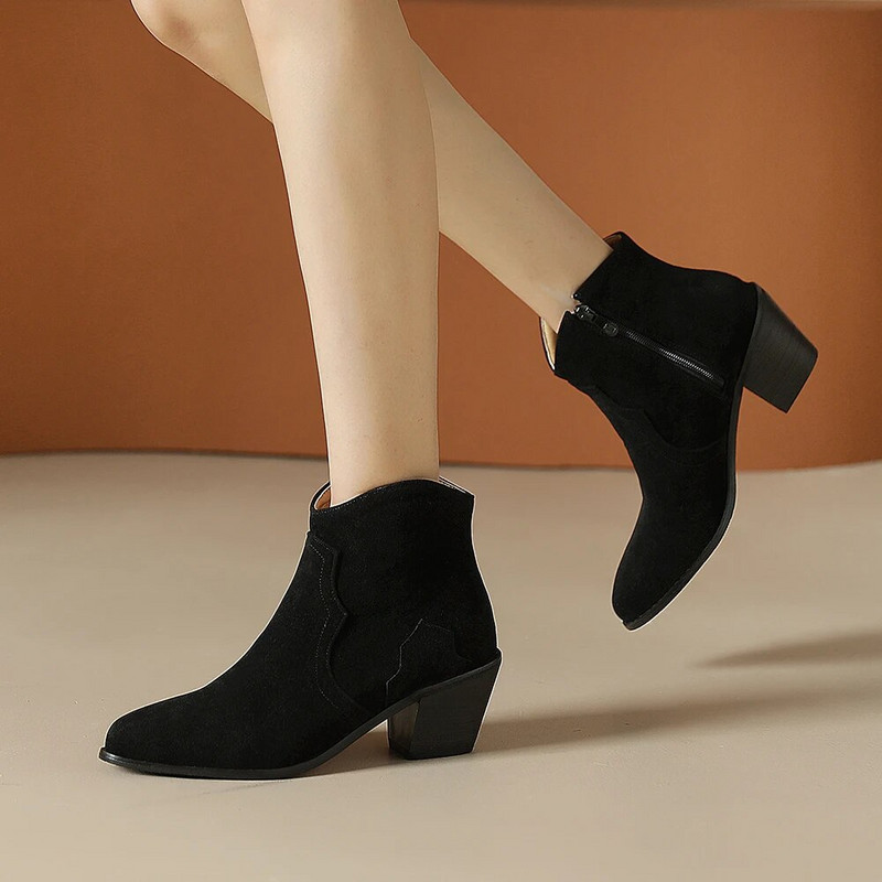 Sügistalvine vabaaja lääne kauboi poolsaapad Naiste Cowgirl papud Lühikesed kasakad Botas Flock terava varbaga kõrged kontsad kingad