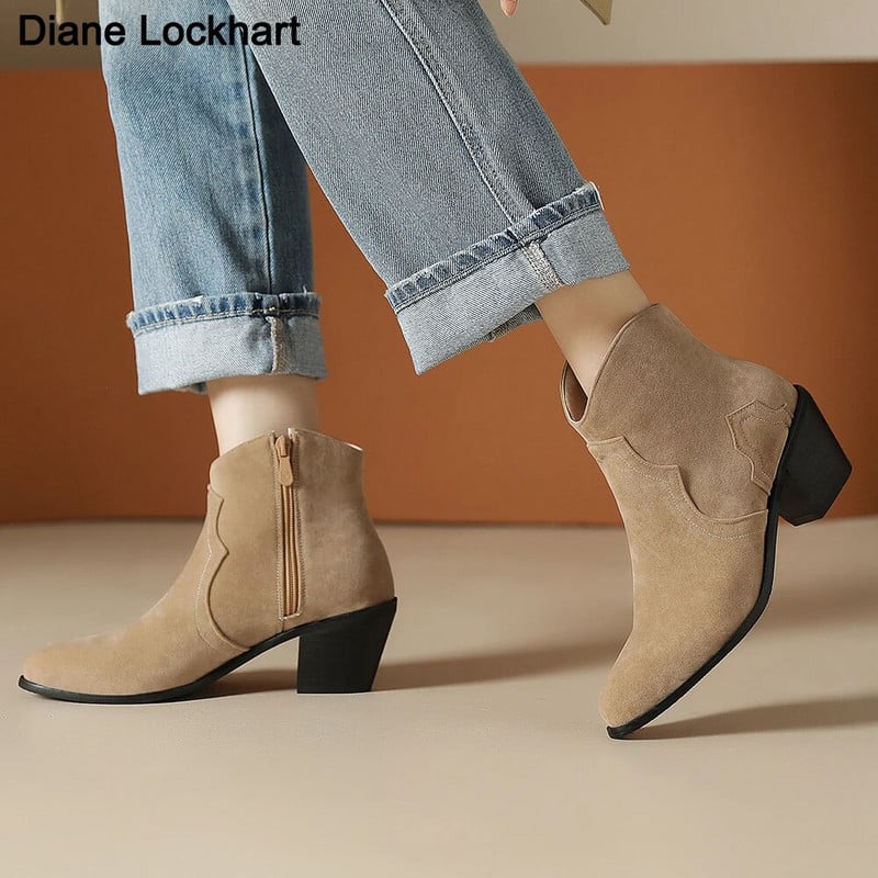 Sügistalvine vabaaja lääne kauboi poolsaapad Naiste Cowgirl papud Lühikesed kasakad Botas Flock terava varbaga kõrged kontsad kingad