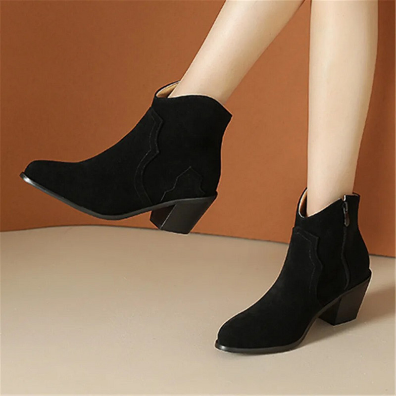 Sügistalvine vabaaja lääne kauboi poolsaapad Naiste Cowgirl papud Lühikesed kasakad Botas Flock terava varbaga kõrged kontsad kingad