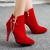 Proljeće jesen Nove gležnjače s visokom petom Seksi modni čamci za žene Lanac s kopčom Tanke pete s platformom Kratke čizme Femininas