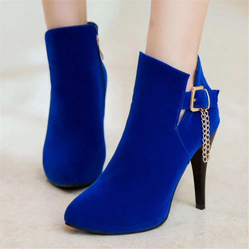 Proljeće jesen Nove gležnjače s visokom petom Seksi modni čamci za žene Lanac s kopčom Tanke pete s platformom Kratke čizme Femininas