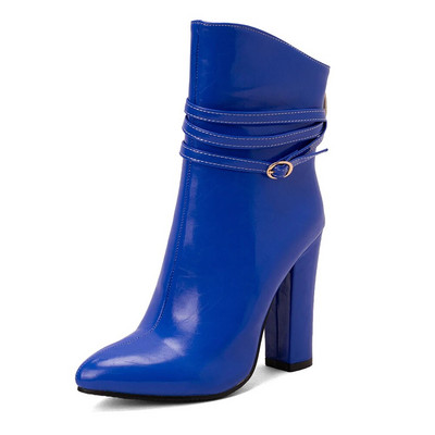 Baltos storos kulkšnies auliniai moteriški trumpi batai Madingi aukštakulniai batai su sagtimi Mėlyni rudeniniai žieminiai moteriški aulinukai