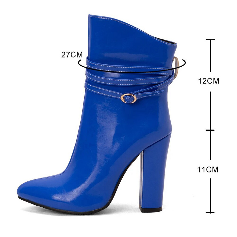 Baltos storos kulkšnies auliniai moteriški trumpi batai Madingi aukštakulniai batai su sagtimi Mėlyni rudeniniai žieminiai moteriški aulinukai