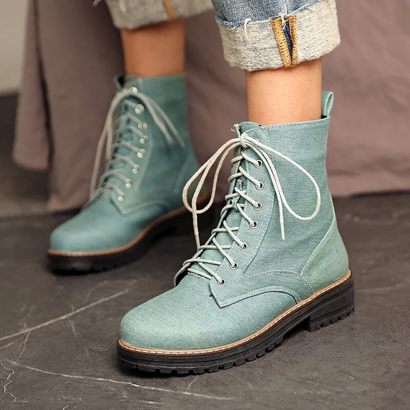 2023. aasta uued poolsaapad, naiste kingad, naturaalne teksakangast platvorm, lühikesed saapad, pitsad, paksud kontsad, saapad, sügis, talv Botas de mujer