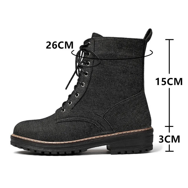 2023. aasta uued poolsaapad, naiste kingad, naturaalne teksakangast platvorm, lühikesed saapad, pitsad, paksud kontsad, saapad, sügis, talv Botas de mujer