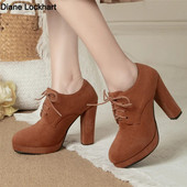 Kvaliteetne uus Flock Square Heel Naiste pumbad Mood Elegantne Naiste Sügisplatvorm Kõrged kontsad Kontorikingad Töökingad 34-43