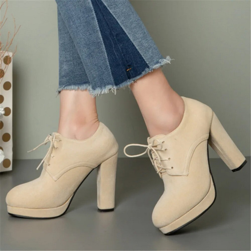 Kvaliteetne uus Flock Square Heel Naiste pumbad Mood Elegantne Naiste Sügisplatvorm Kõrged kontsad Kontorikingad Töökingad 34-43