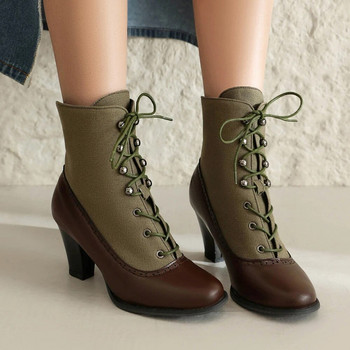 2023 Νέα γυναικεία ψηλοτάκουνα παπούτσια με κορδόνια περίεργες μπότες Steampunk βικτοριανές γυναικείες κοντές μπότες με στρογγυλή σόλα με χοντρή σόλα
