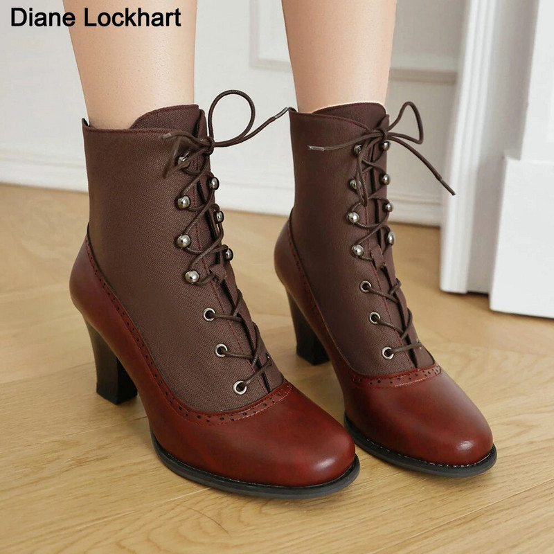 2023 m. Nauji suvarstomi moteriški aukštakulniai batai Keisti „steampunk“ batai Viktorijos laikų kulkšnies batai moteriški apvalūs trumpi batai storu padu