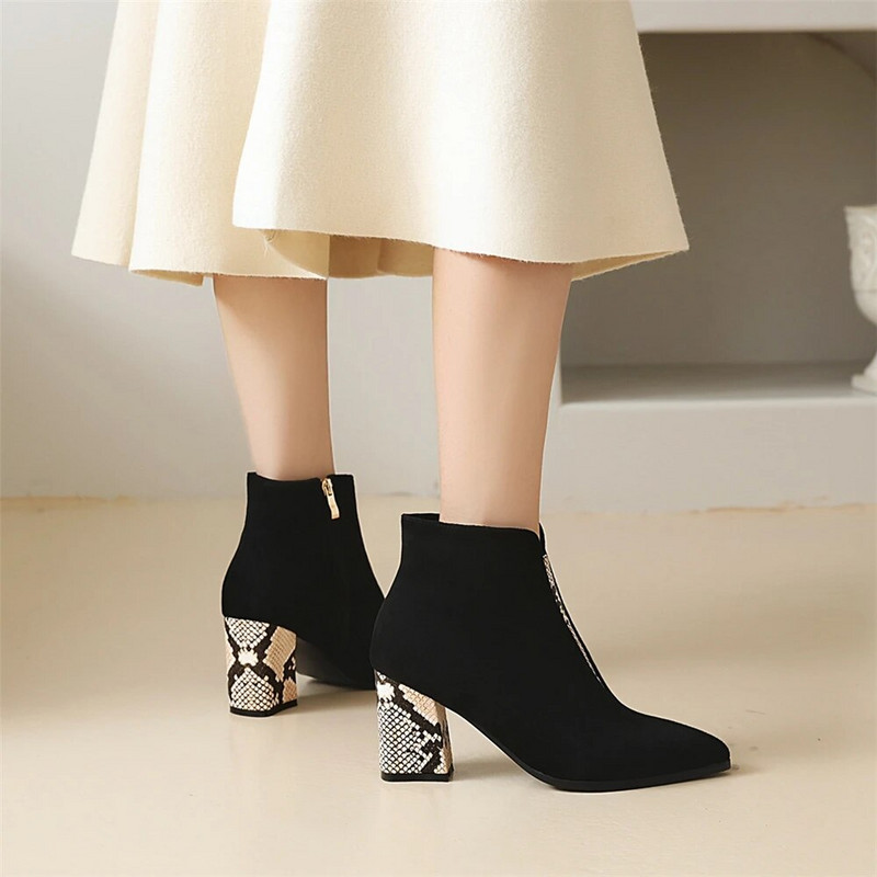 Dámske čižmy so špicatou špičkou a hadím vzorom, členkové čižmy na hrubom podpätku, vysoké podpätky, dámske čižmy na zips, jeseň/zima 2023