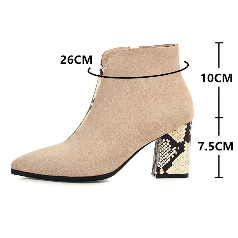 Dámske čižmy so špicatou špičkou a hadím vzorom, členkové čižmy na hrubom podpätku, vysoké podpätky, dámske čižmy na zips, jeseň/zima 2023