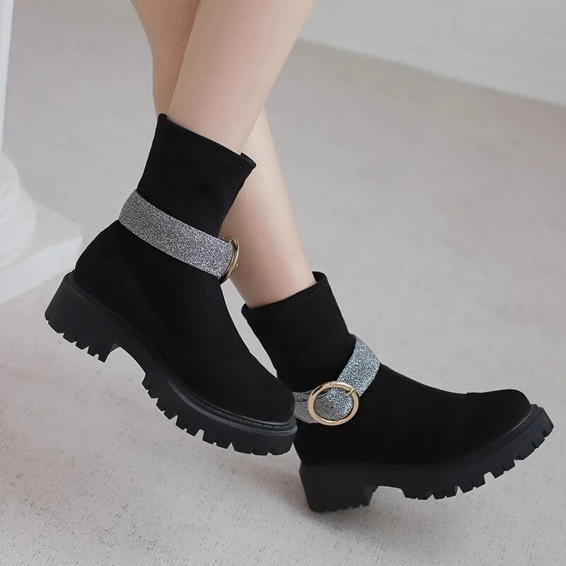 2023 Γυναικείες Μπότες Πλατφόρμας για Ανοιξιάτικα Φθινοπωρινά Παπούτσια Slip On Γυναικεία αγκράφα Μποτάκια Γόβες Γυναικείες Κοντές κάλτσες Botas Mujer