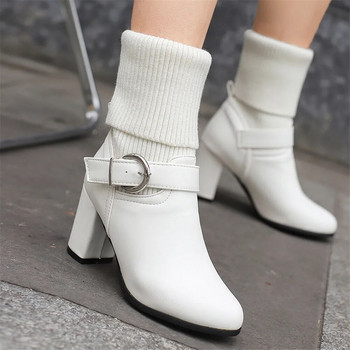 2024 Есен Зима Плетени къси ботуши Дамски нови чорапи до глезена Обувки Дамски модни обувки с катарама на глезена, плъзгащи се на високи токчета Botas De Mujer
