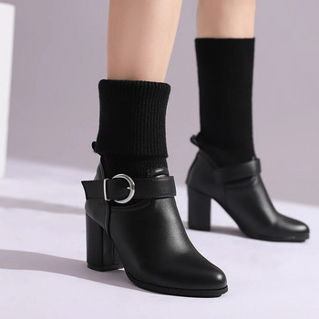 2024 Есен Зима Плетени къси ботуши Дамски нови чорапи до глезена Обувки Дамски модни обувки с катарама на глезена, плъзгащи се на високи токчета Botas De Mujer