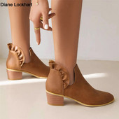 2023 Άνοιξη φθινόπωρο με χοντρές γόβες Κοντές γυναικείες μπότες PU Δερμάτινο V-Cut μυτερό μποτάκι Botas Mujer Slip-on Chelsea Μπότες Μέγεθος 34-43