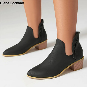 2023 Άνοιξη φθινόπωρο με χοντρές γόβες Κοντές γυναικείες μπότες PU Δερμάτινο V-Cut μυτερό μποτάκι Botas Mujer Slip-on Chelsea Μπότες Μέγεθος 34-43
