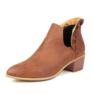 2023 Άνοιξη φθινόπωρο με χοντρές γόβες Κοντές γυναικείες μπότες PU Δερμάτινο V-Cut μυτερό μποτάκι Botas Mujer Slip-on Chelsea Μπότες Μέγεθος 34-43