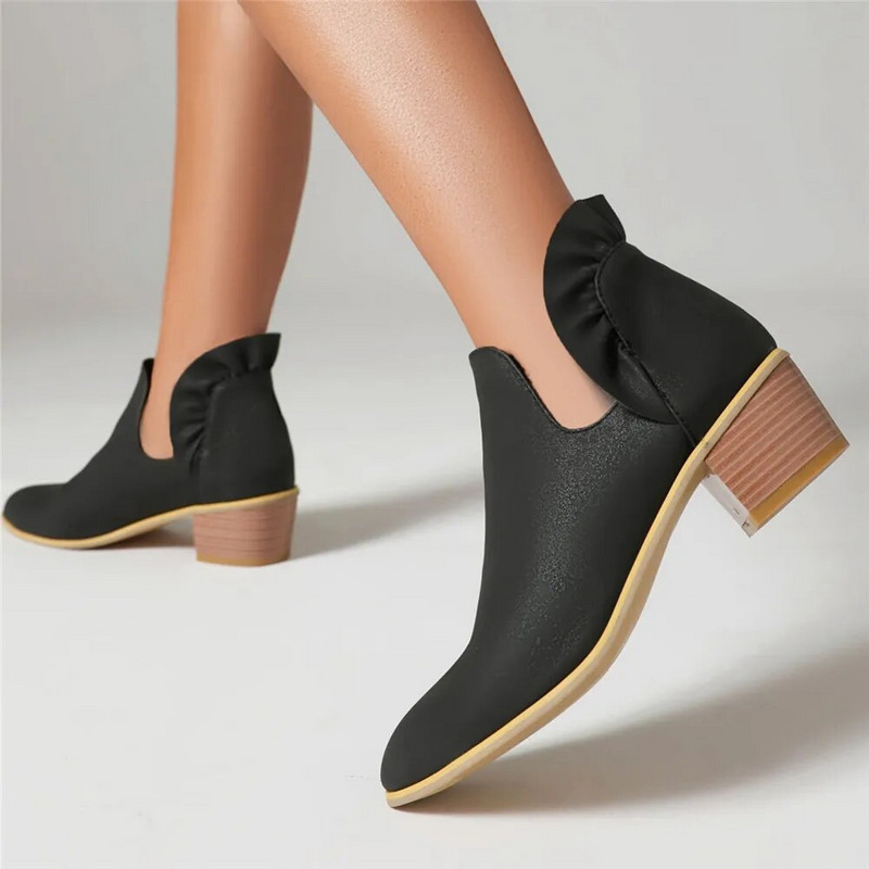 2023 Άνοιξη φθινόπωρο με χοντρές γόβες Κοντές γυναικείες μπότες PU Δερμάτινο V-Cut μυτερό μποτάκι Botas Mujer Slip-on Chelsea Μπότες Μέγεθος 34-43