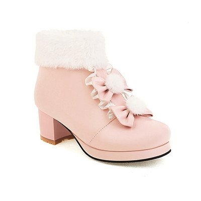 Lolita mergaičių žieminiai batai, rožiniai, moteriški, kailiniai peteliškės su peteliškės mazgai, puikūs moteriški kulkšnies batai japoniški „cosplay“ vakarėlio vestuviniai batai