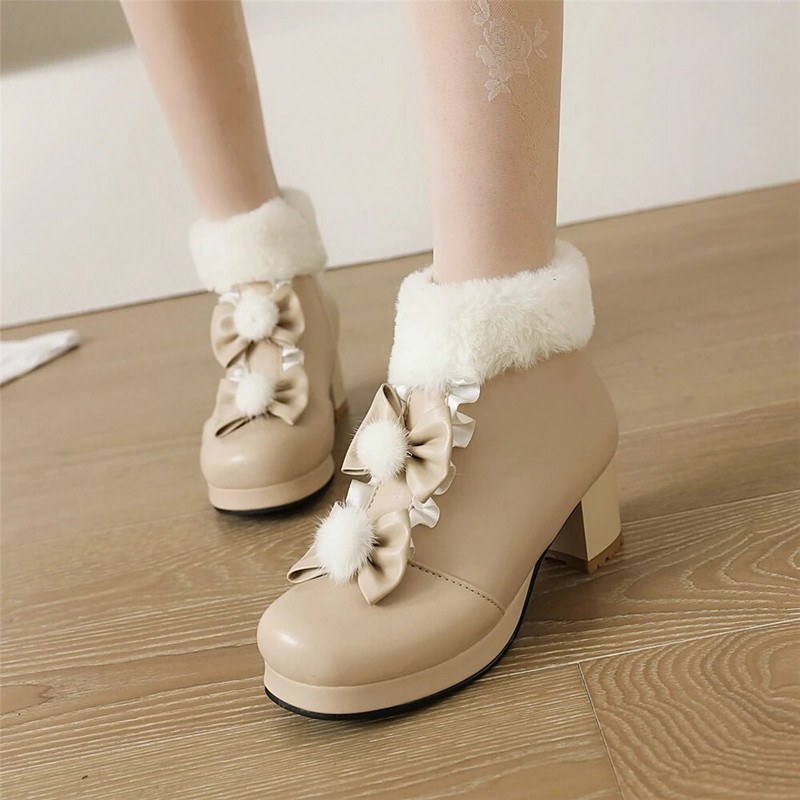 Lolita mergaičių žieminiai batai, rožiniai, moteriški, kailiniai peteliškės su peteliškės mazgai, puikūs moteriški kulkšnies batai japoniški „cosplay“ vakarėlio vestuviniai batai