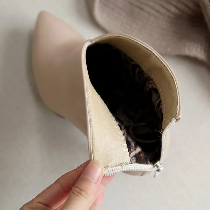 Γυναικεία παπούτσια Μόδα Μεταλλικά φερμουάρ Γυναικεία Μποτάκια Κομψά κοντά βελούδινα σέξι λεπτές γόβες βάρκες Mujer για κορίτσια Μέγεθος 32-43 μπεζ