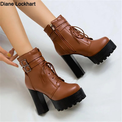 Brand Fashion 11CM Thick Heel Women Platform Round Toe Short Booties High Heel Lace-Up Buckle Ankle Boots Size 32-43 Autumn NEW
