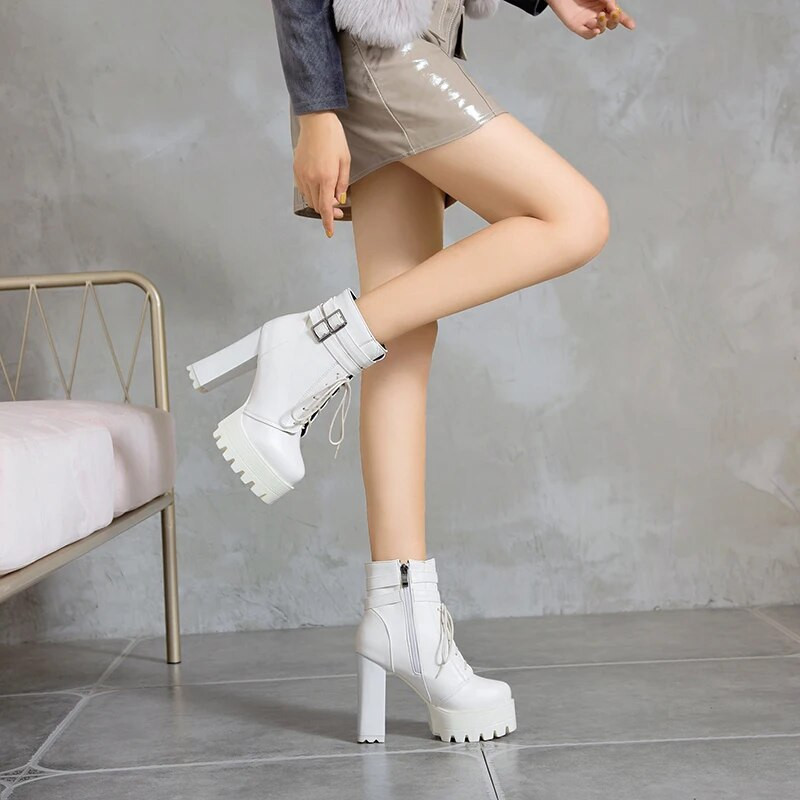 Brand Fashion 11CM Toc gros Femei Platformă Deget rotund Cizme scurte Toc înalt Botine cu șiretă și cataramă Dimensiunea 32-43 Toamna NOU