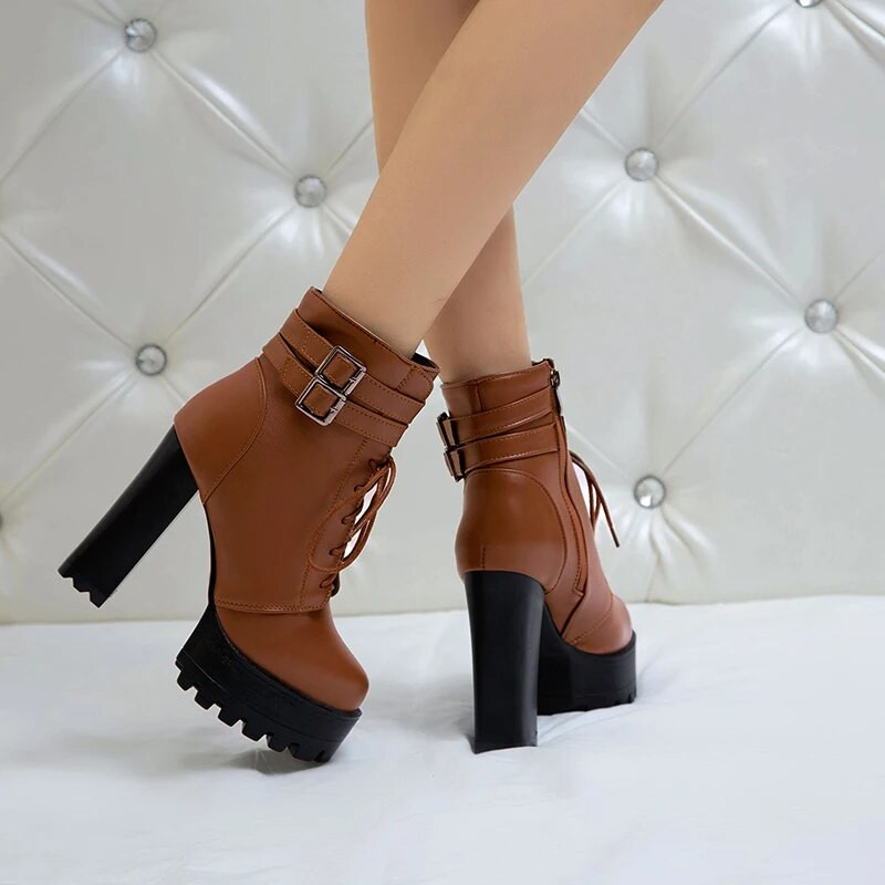 Brand Fashion 11CM Toc gros Femei Platformă Deget rotund Cizme scurte Toc înalt Botine cu șiretă și cataramă Dimensiunea 32-43 Toamna NOU