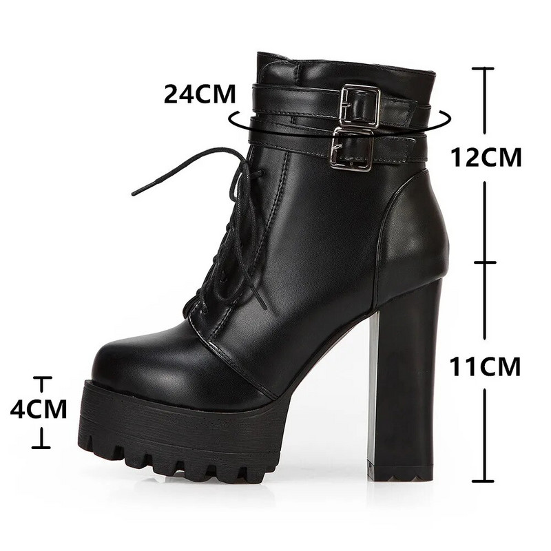 Brand Fashion 11CM Toc gros Femei Platformă Deget rotund Cizme scurte Toc înalt Botine cu șiretă și cataramă Dimensiunea 32-43 Toamna NOU