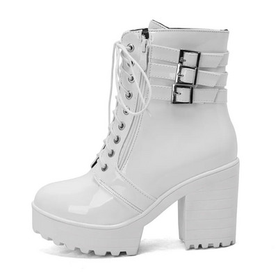 Cipele Ženske motociklističke čizme Jesen Zima Ženske čizme 2023. Elegantne ženske gležnjače Visoke pete Platforme Seksi Botas kopča Bijela