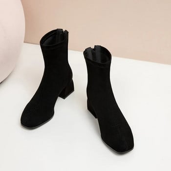 2023 Νέα Μποτάκια Γυναικεία Μόδα με τετράγωνα παπούτσια Flock Χειμερινές κοντές μπότες Άνετα γυναικεία παπούτσια με τετράγωνο τακούνι με φερμουάρ31-43