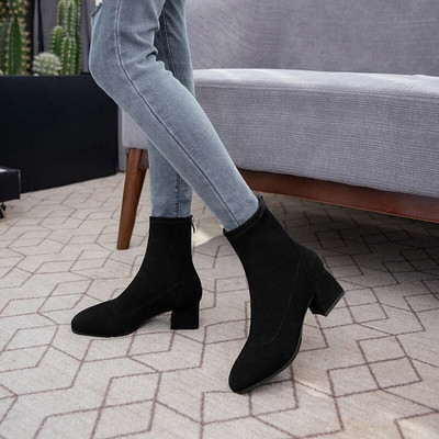2023 New Ankle Boots For Women Square Toe Fashion Shoes Flock Winter Short Boots Zipper Square Heels Comfortable Lady Shoes31-43
