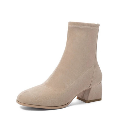 2023. aasta uued poolsaapad naistele Ruudukujulised moekingad Flock Talvised lühikesed saapad Tõmblukuga kandilised kontsad Mugavad naistekingad31-43