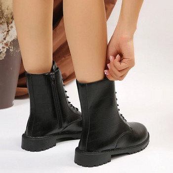 Pu Δερμάτινες μαύρες μπότες Combat Γυναικείες μπότες 2023 Φθινοπωρινές μπότες με παχύ κάτω μέρος Πλατφόρμα αστραγάλου Womna Plus Size 42 Πλαϊνά παπούτσια μοτοσυκλέτας με φερμουάρ