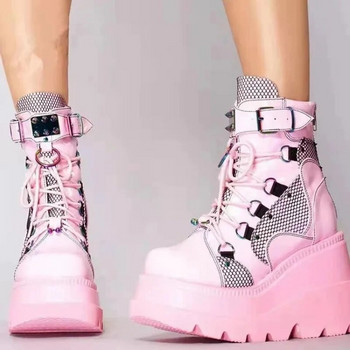 Розови пънк дамски ботуши с платформа с цип Дамски ботуши с масивен висок ток Боти до глезена Дамски готини дамски обувки на танкетка за жени