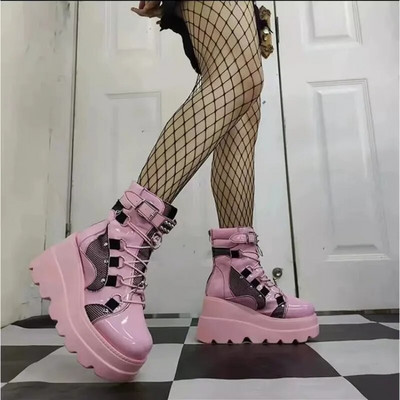 Rózsaszín punk női csizma cipzáras platform női csizma vaskos magassarkú bokacsizma női menő női női cipő