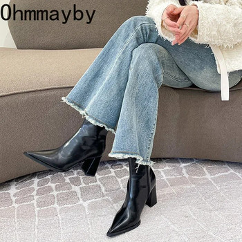 Зимни дизайнерски боти до глезена Модни ципове на гърба Дамски елегантни къси къси плюшени ботуши Дамски обувки на висок ток