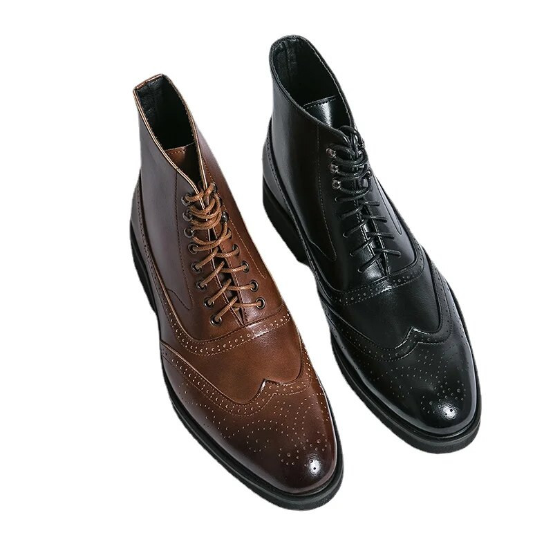 Uued pruun plokk meeste lühikesed saapad, nööriga, kandilise varbaga Ärimeeste poolsaapad Tasuta kohaletoimetamine Botas De Hombre