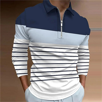 T-krekli Vīriešu Polo Atloks Korejiešu Biznesa Garām Piedurknēm Modes Vienkrāsains ceturkšņa rāvējslēdzējs Pavasara un vasaras topi Sporta apģērbs T-apģērbs