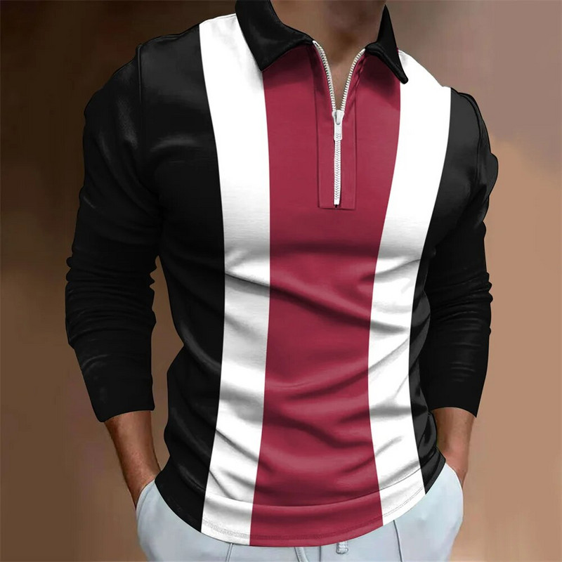 Meeste Four Seasons vabaaja pikkade varrukatega digitaalne digitaalne 3D vertikaalne riba, trükitud POLO